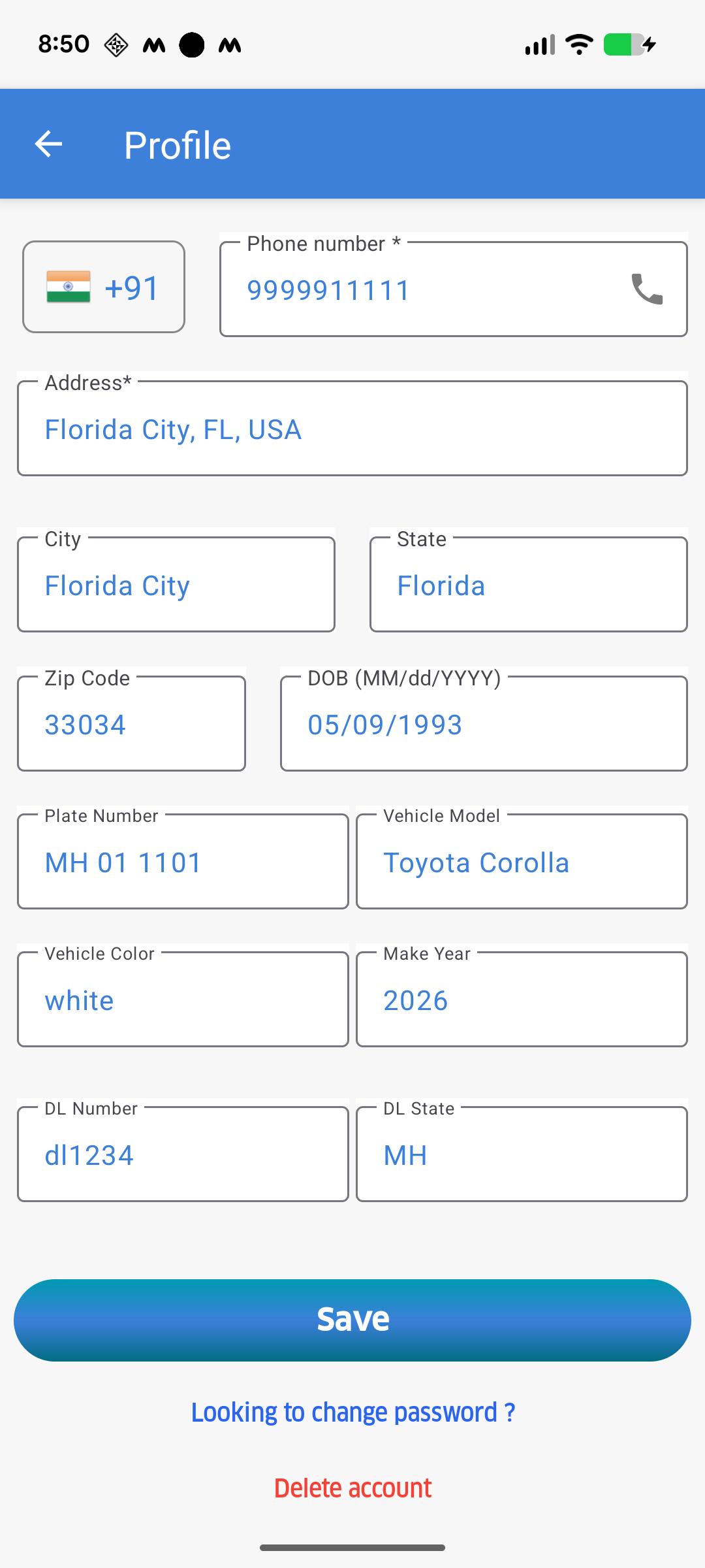 Driver app Profile screen showing the Delete account link at the bottom