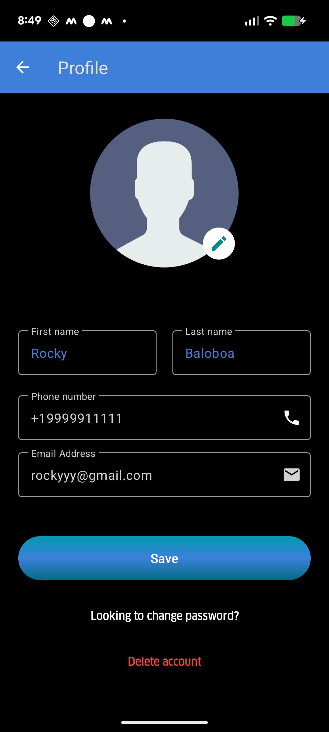 Rider app Profile screen showing the Delete account link at the bottom